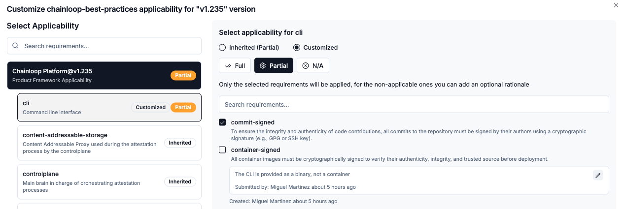 CLI project-specific compliance applicability settings